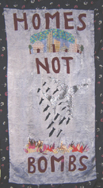 Homes Not Bombs: Banner art by poet Theresa Wolfwood.